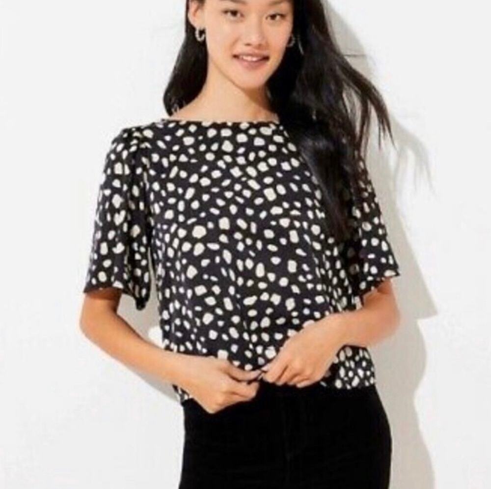 NWT Ann Taylor Loft Black Cream Spotted Polka Dot Top Blouse Shirt Tie Back S